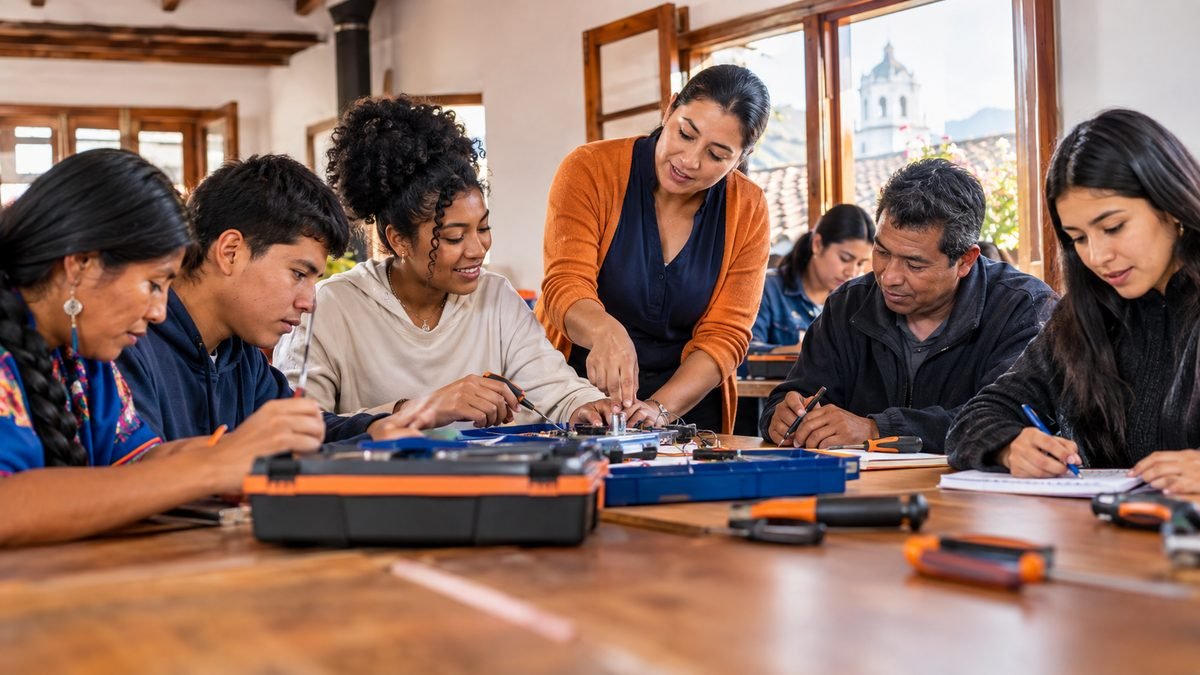 Instructora guiando a estudiantes jóvenes y adultos en un taller práctico