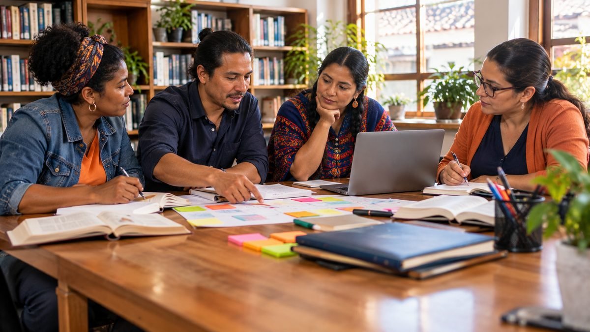 Docentes trabajando juntos en un taller de pedagogía